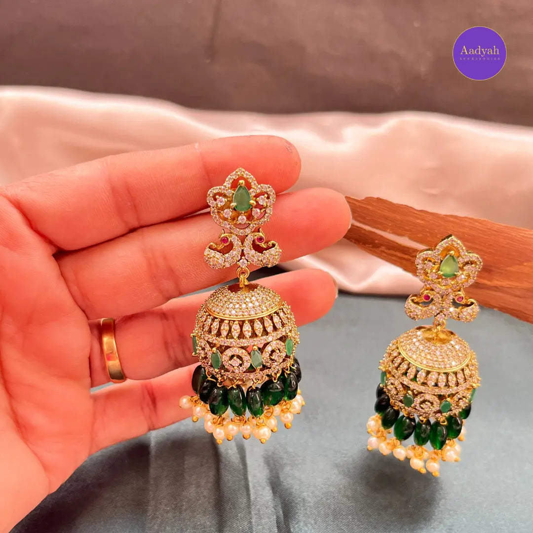 AD Emerald Peacock Jhumkas - Emerald Green