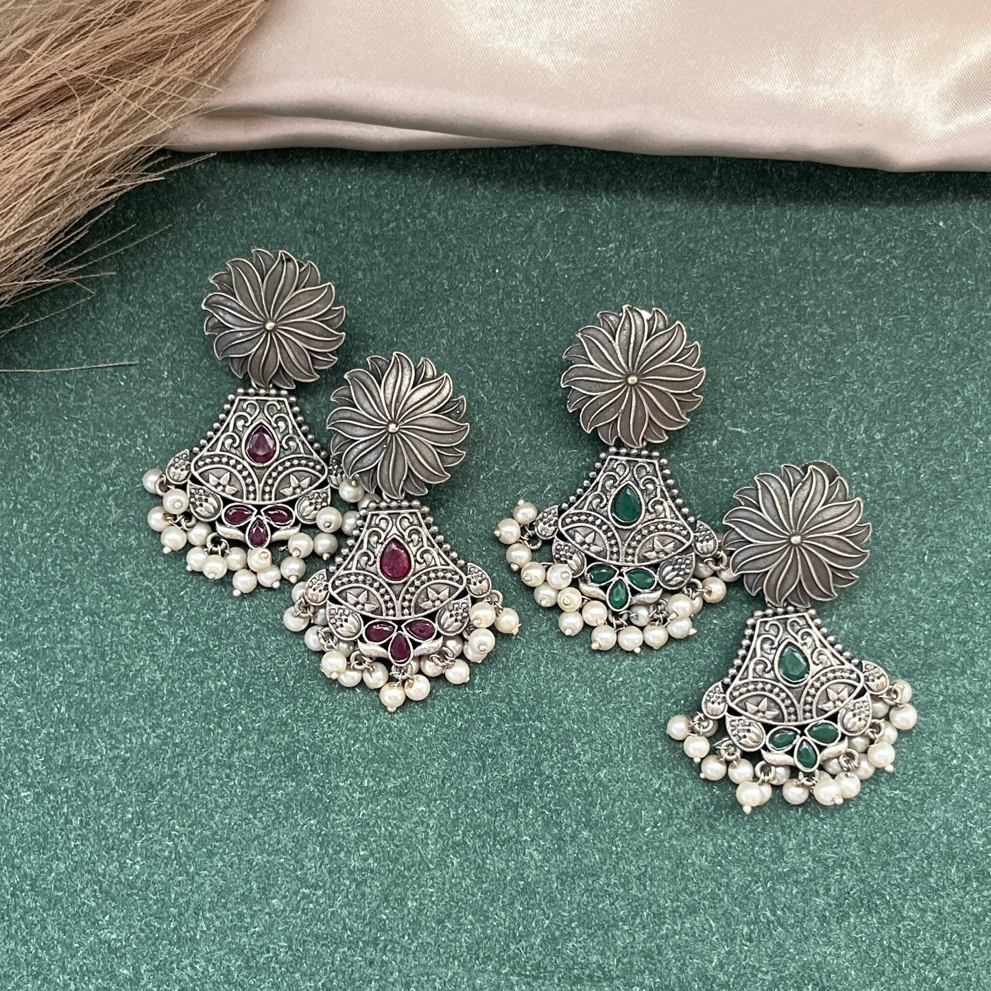 German silver look jhumka earrings oxidised finish with intricate temple design, perfect for festive wear,Vintage German silver look hoop earrings boho inspired design for casual and traditional wear