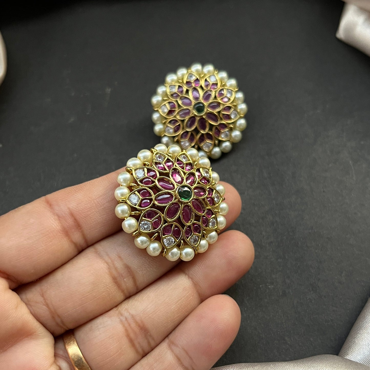 Traditional gold look South Indian stud earrings imitation jewelry with temple design motifs,Gold finish South Indian kemp earrings classic design with colorful stones for traditional outfits,South Indian gold tone jhumka earrings intricate detailing, perfect for festive and bridal wear