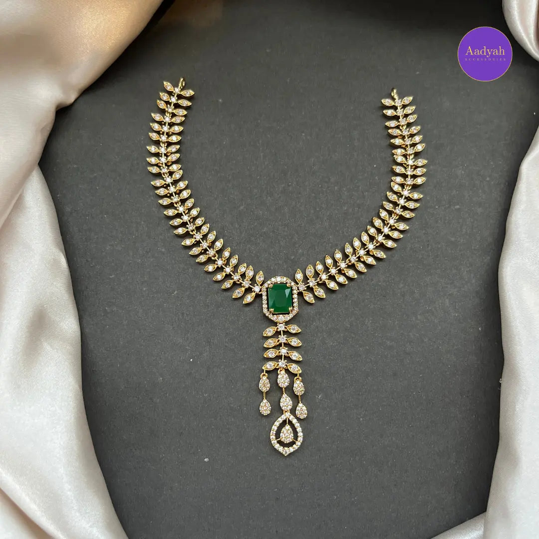 Emerald AD Stone Necklace Set - White with Emerald Green