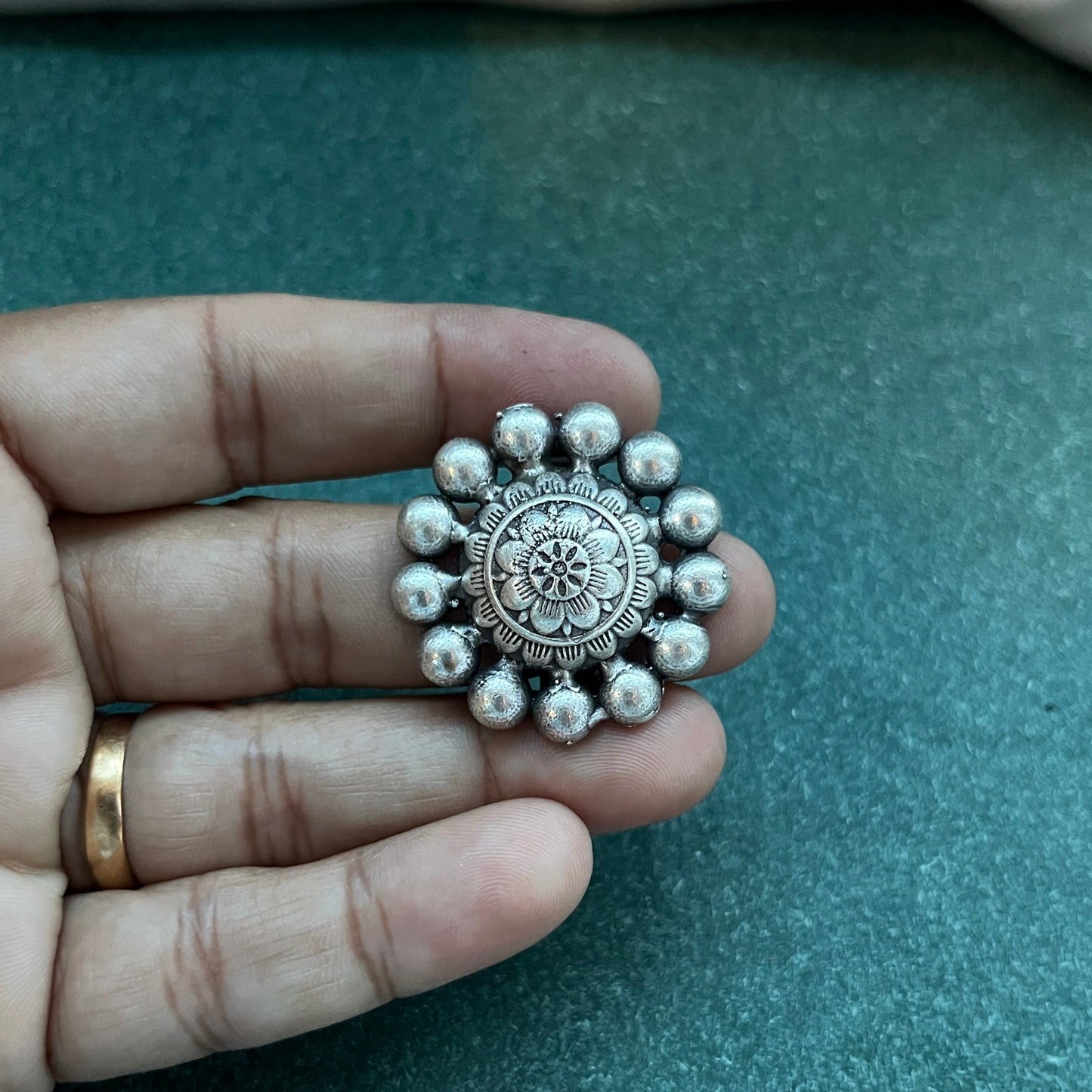Oxidised German silver ring geometric design with vintage appeal, perfect for casual and cultural occasions,Vintage style German silver tone ring oxidised look with floral motifs, ideal for everyday ethnic fashion