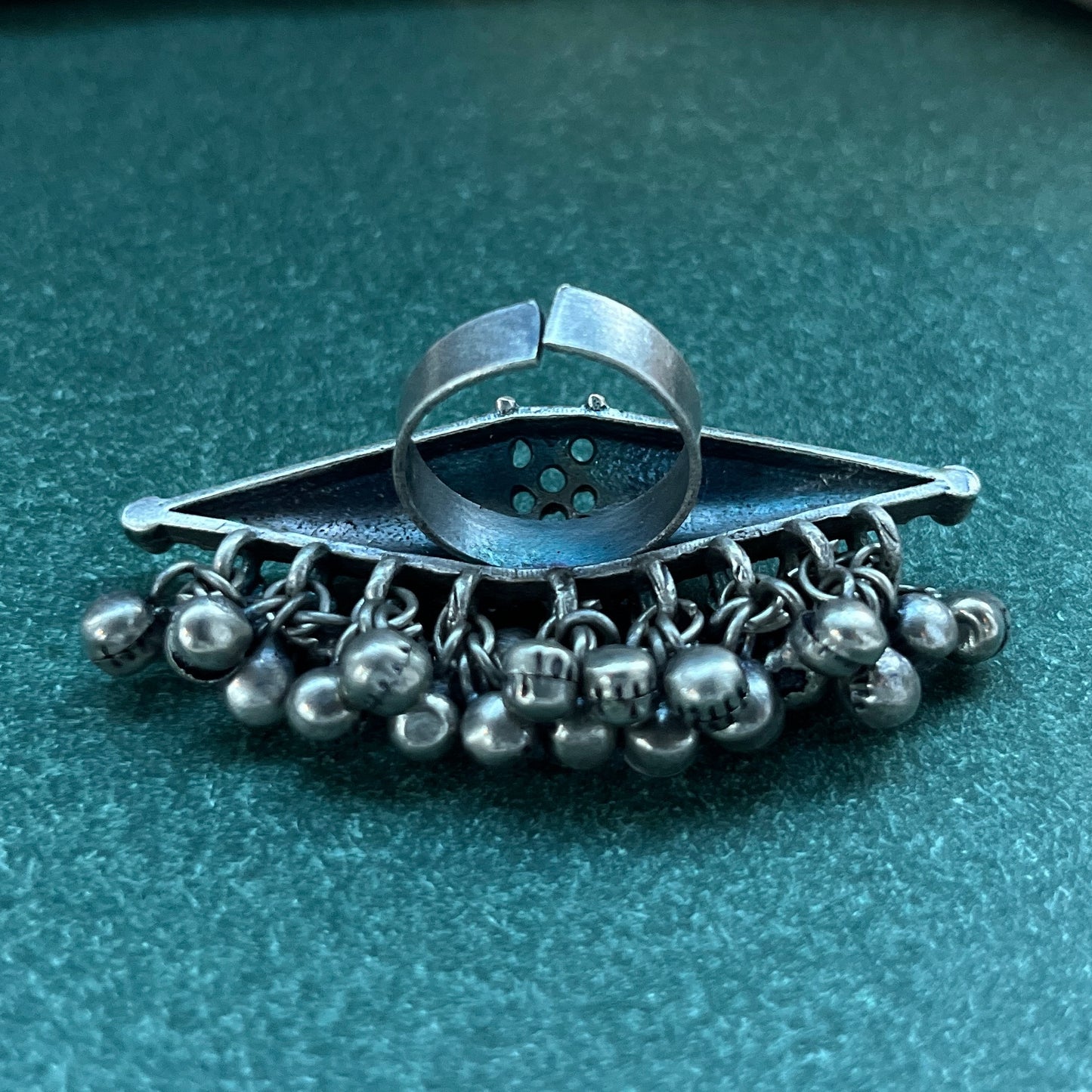 Oxidised German silver ring geometric design with vintage appeal, perfect for casual and cultural occasions,Vintage style German silver tone ring oxidised look with floral motifs, ideal for everyday ethnic fashion