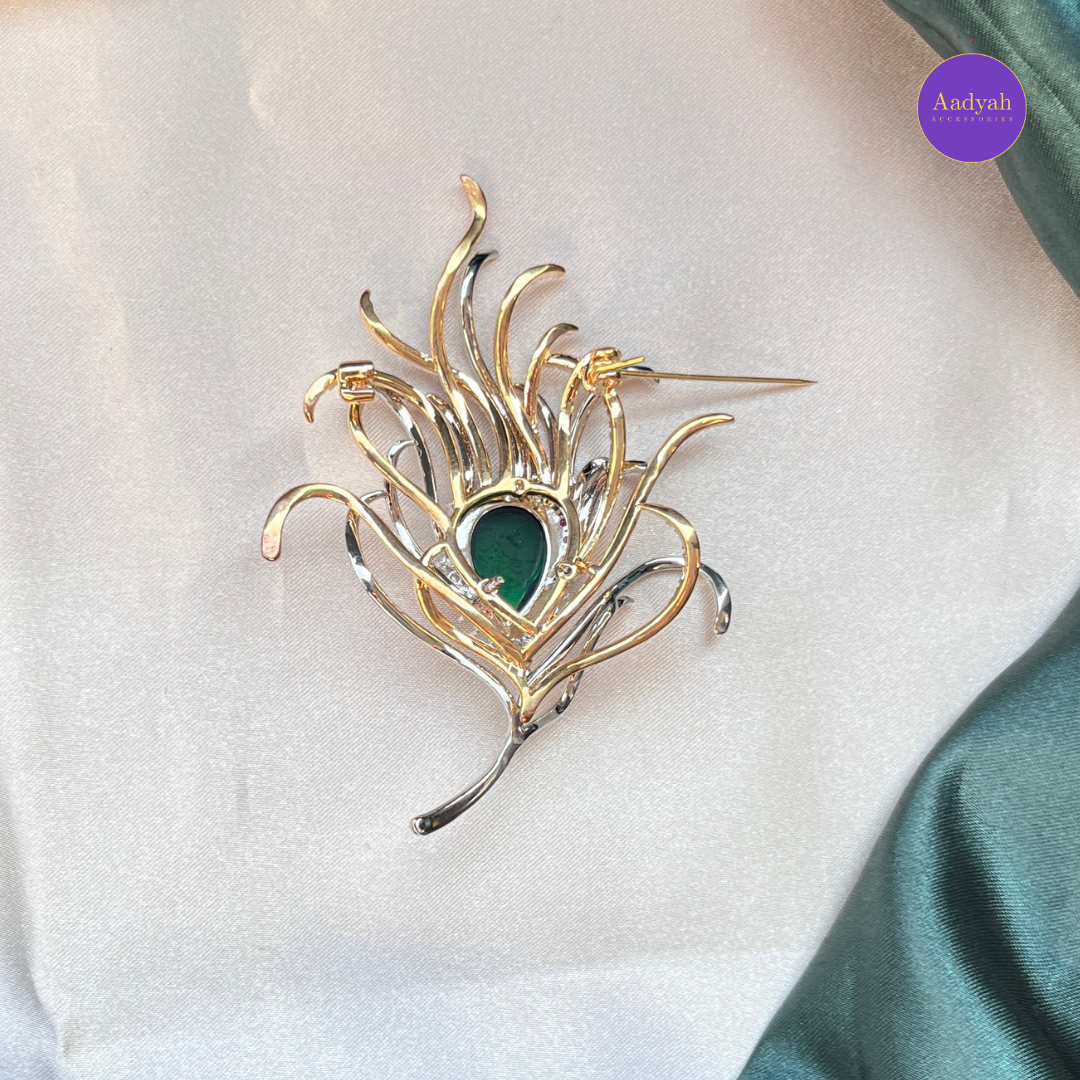 Feather Brooch - Green & White