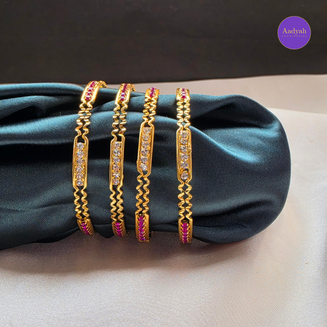 Gold Look Bangles - Pink & White Stone - Set of 4