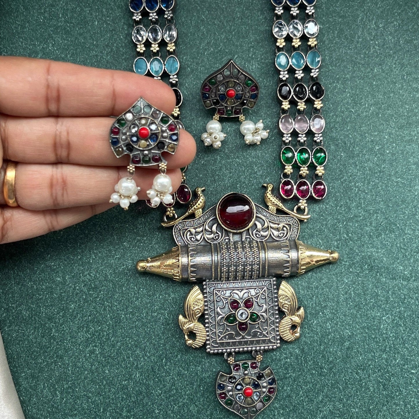 German silver look necklace set with oxidised polish .Traditional jewelry for everyday and festive use,Silver look alike necklace set with oxidised finish ethnic artificial jewelry for women