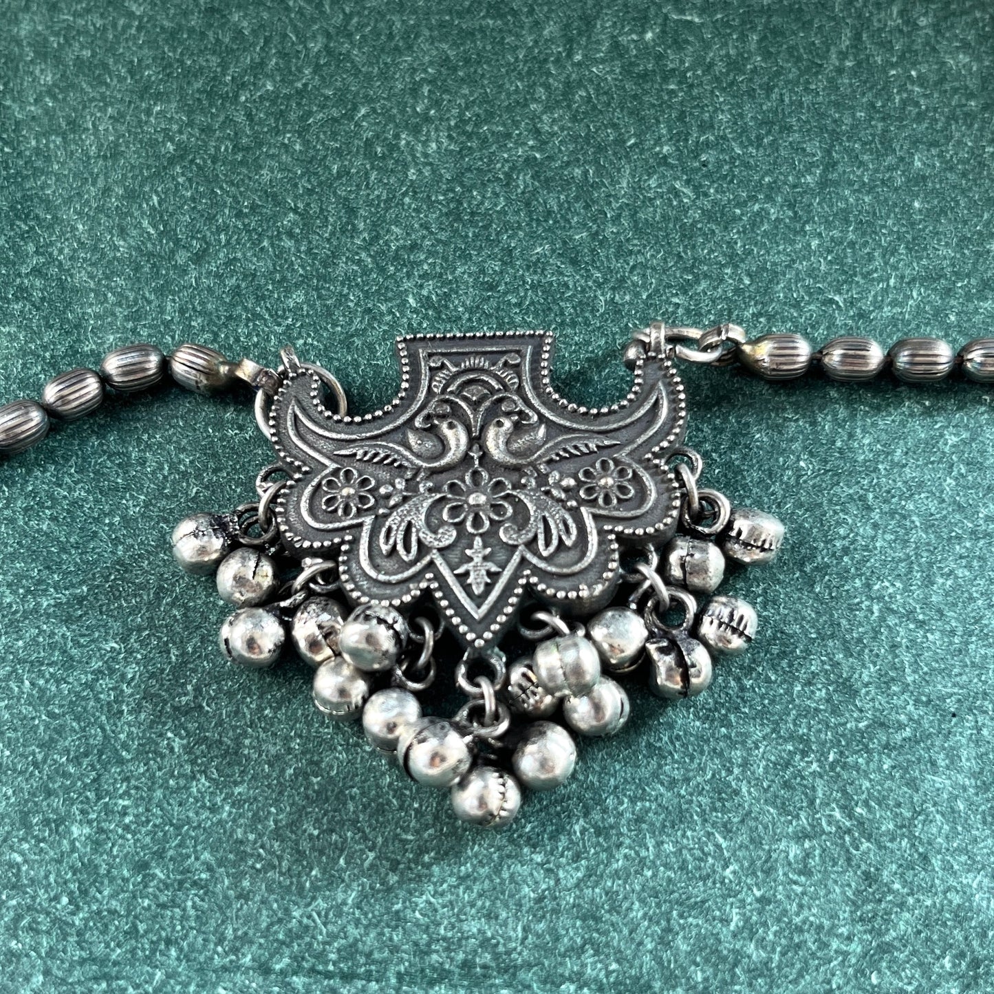 German silver look necklace set with oxidised polish .Traditional jewelry for everyday and festive use,Silver look alike necklace set with oxidised finish ethnic artificial jewelry for women