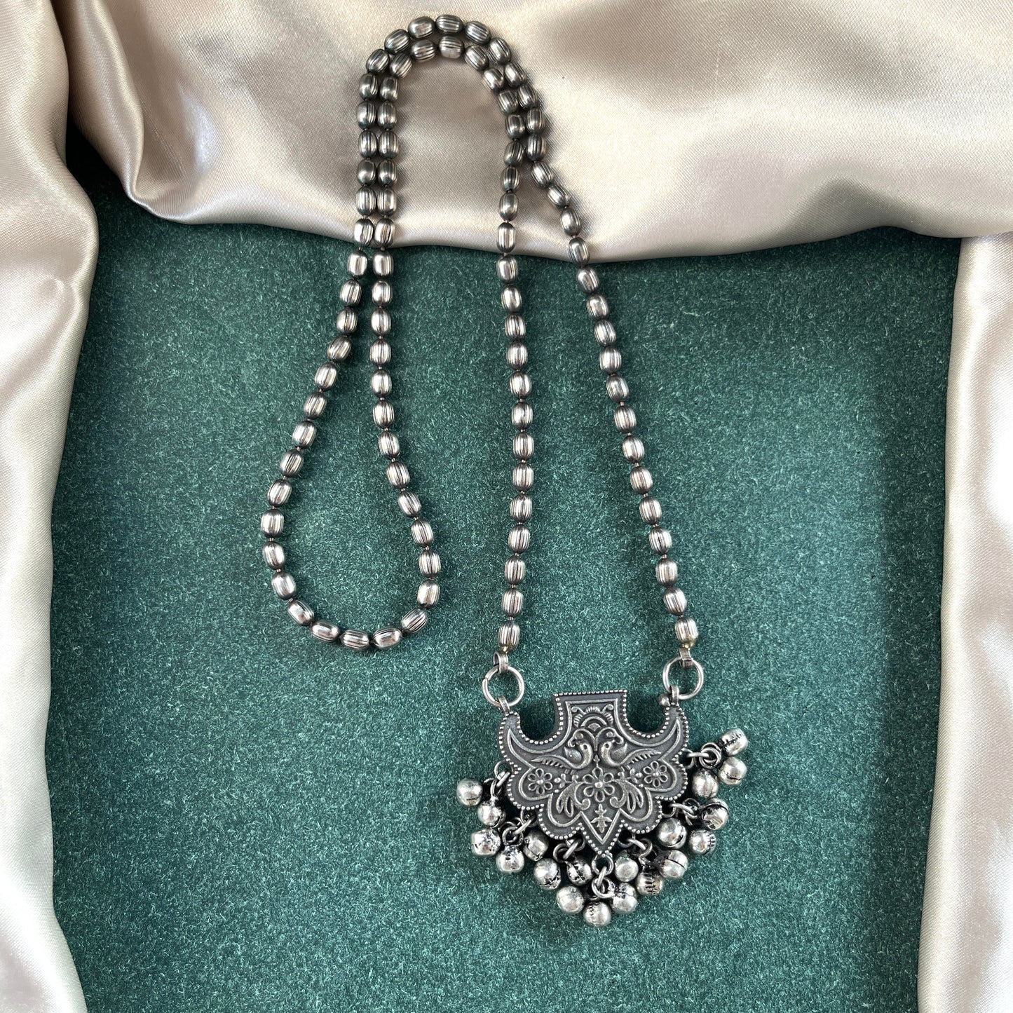 German silver look necklace set with oxidised polish .Traditional jewelry for everyday and festive use,Silver look alike necklace set with oxidised finish ethnic artificial jewelry for women