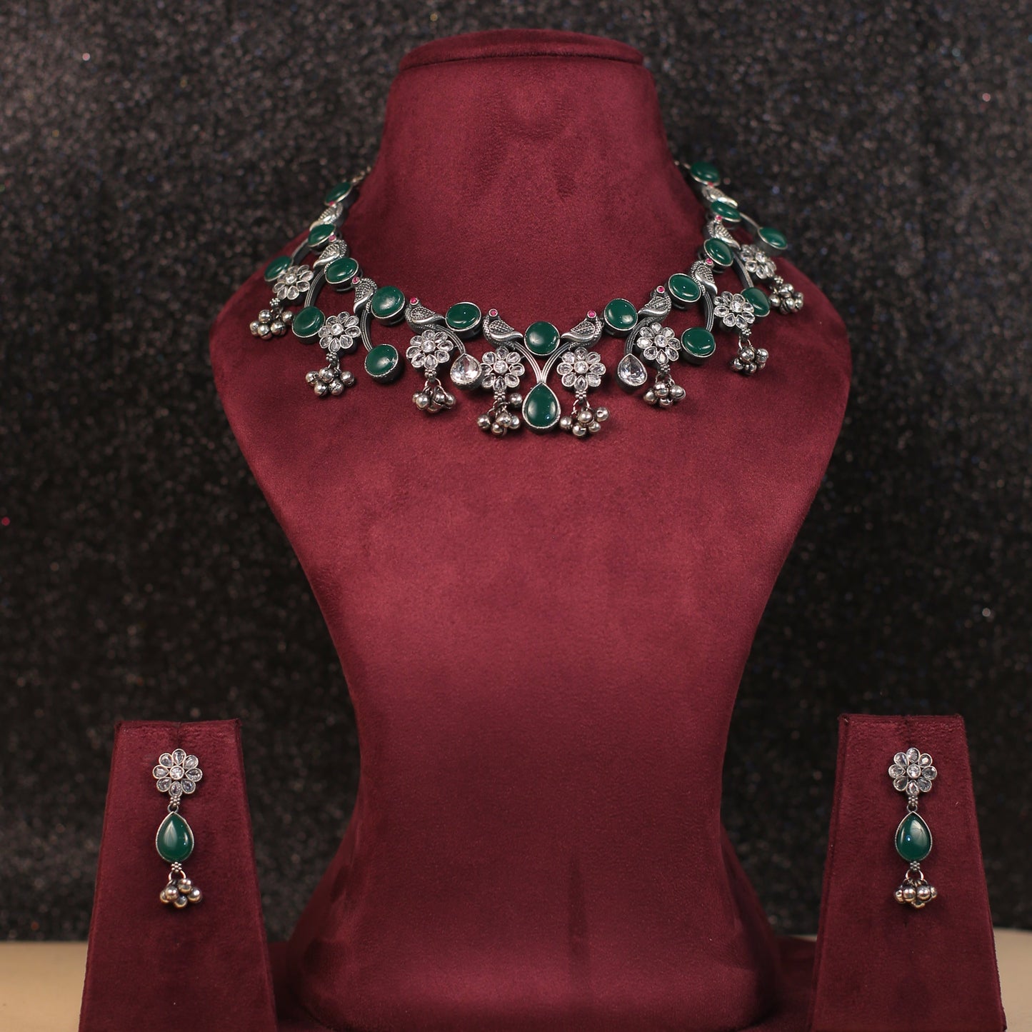 German Silver,Statment Choker,Green Necklace,Silver LookAlike,Silver Replica