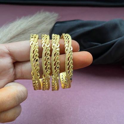Traditional gold tone bangles with carved detailing imitation jewelry for weddings.Glossy gold look bangles in classic design  party wear imitation bangles for women