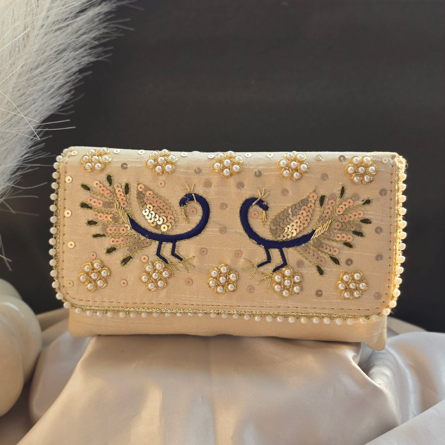 Peacock Embroidery Purse - Beige & Grey