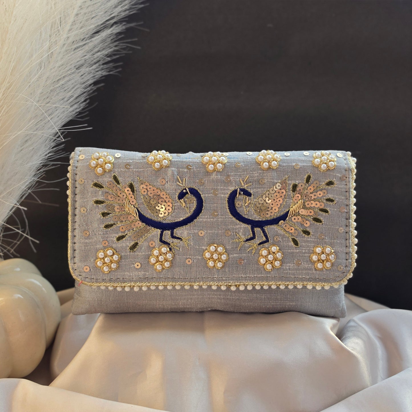 Peacock Embroidery Purse - Beige & Grey