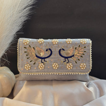 Peacock Embroidery Purse - Beige & Grey