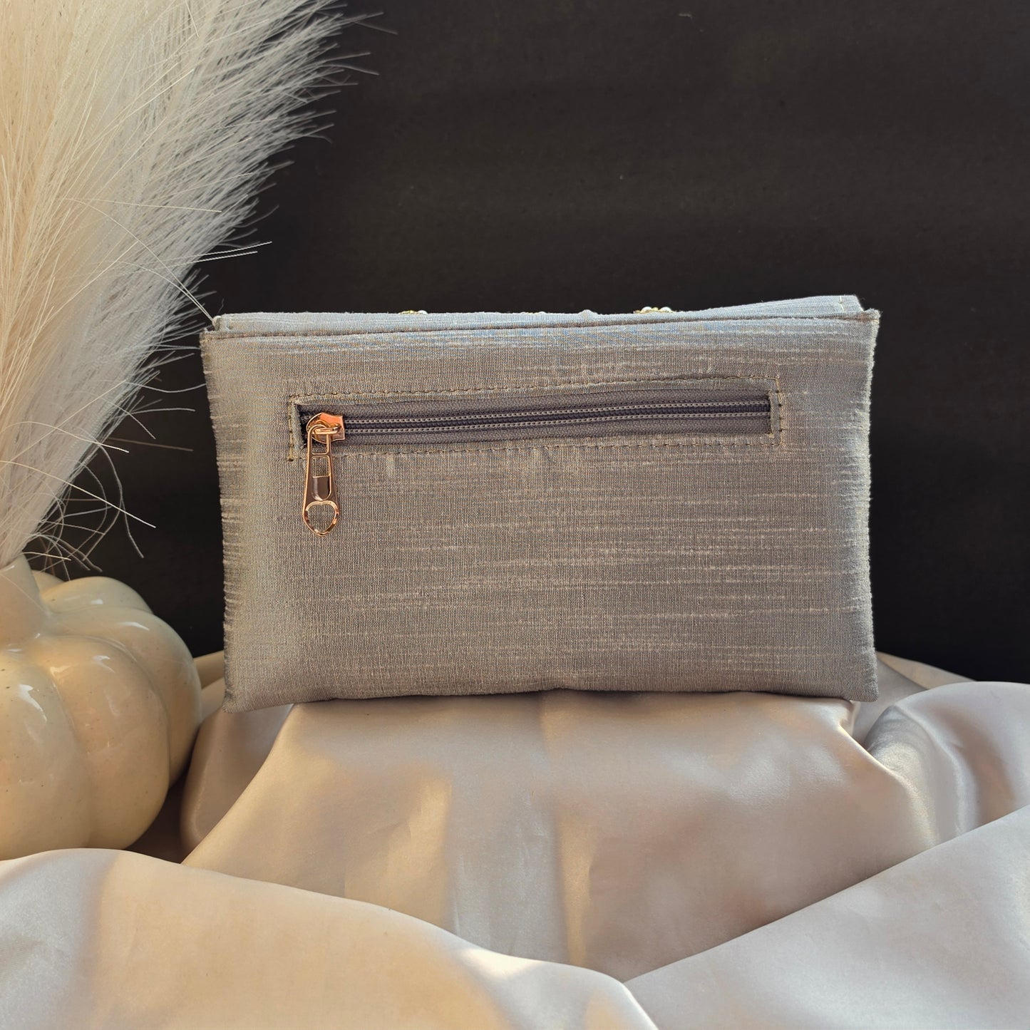 Peacock Embroidery Purse - Beige & Grey