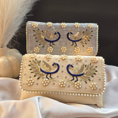 Peacock Embroidery Purse - Beige & Grey