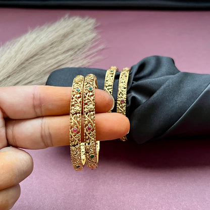 Traditional gold tone bangles with carved detailing imitation jewelry for weddings.Glossy gold look bangles in classic design  party wear imitation bangles for women