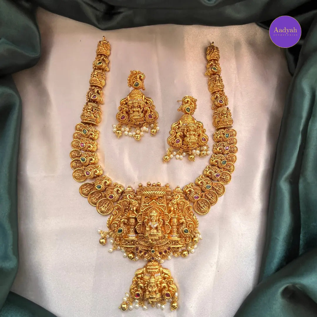 3D Embossed Temple Kaasu Necklace Set - Gold