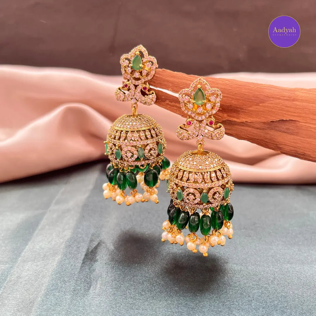 AD Emerald Peacock Jhumkas - Emerald Green