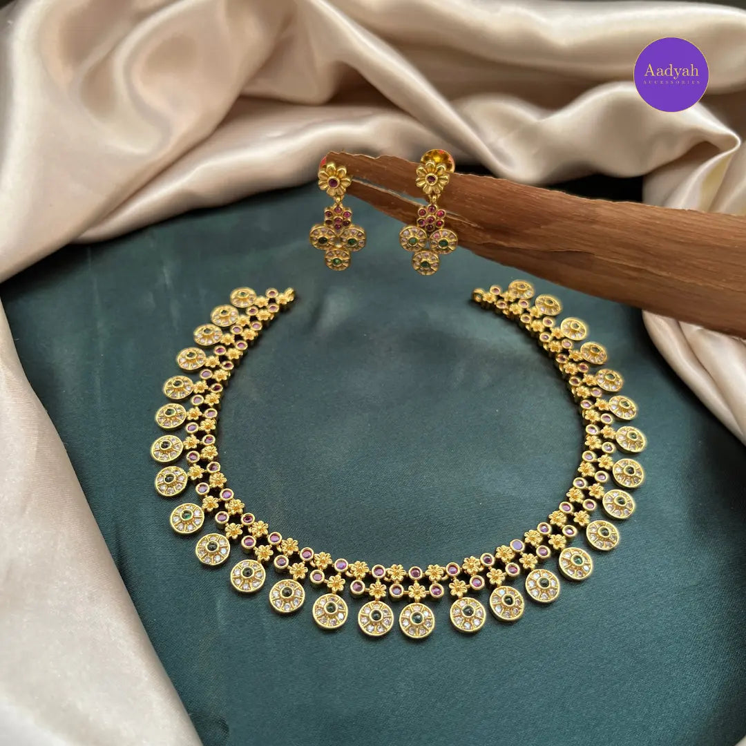 AD Stone Floral Bottu Necklace Set - Multi