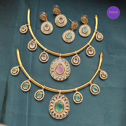 AD Stone Hasli Necklace Set - Pink & Mint