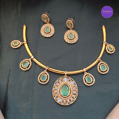 AD Stone Hasli Necklace Set - Pink & Mint