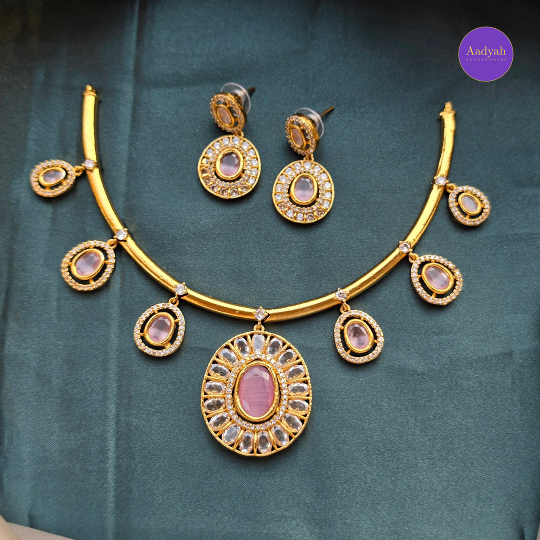 AD Stone Hasli Necklace Set - Pink & Mint
