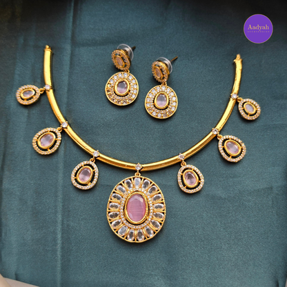 AD Stone Hasli Necklace Set - Pink & Mint