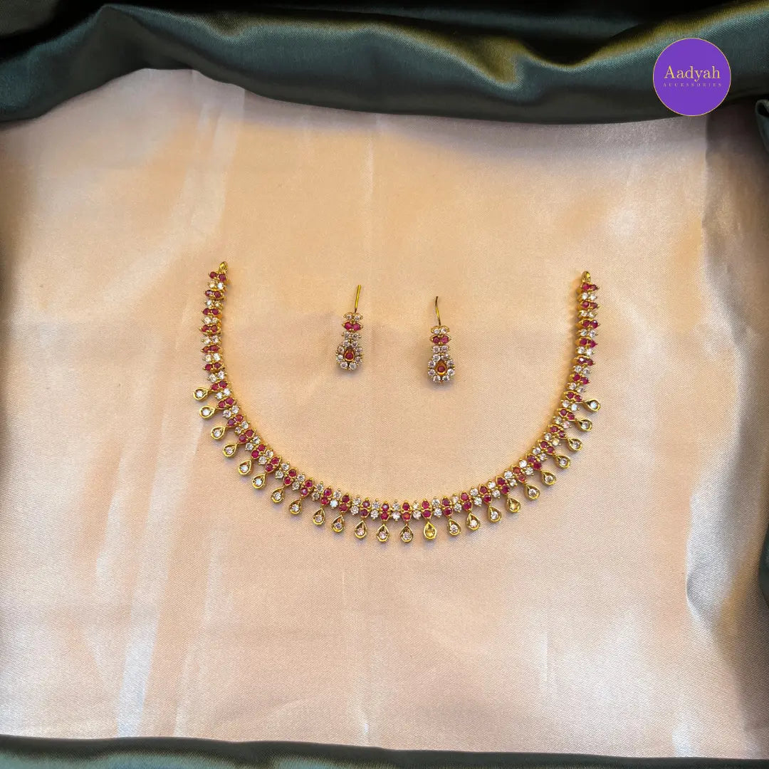 AD Stone Necklace Set - Pink & White