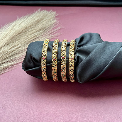 Traditional gold tone bangles with carved detailing imitation jewelry for weddings.Glossy gold look bangles in classic design  party wear imitation bangles for women