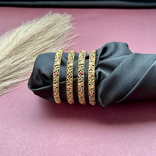 Traditional gold tone bangles with carved detailing imitation jewelry for weddings.Glossy gold look bangles in classic design  party wear imitation bangles for women
