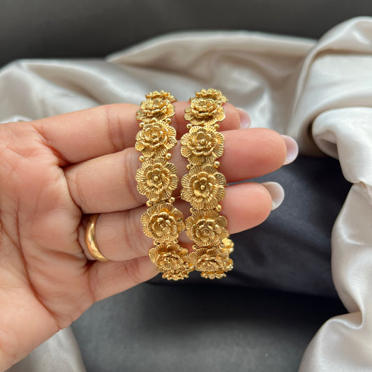 Traditional gold tone bangles with carved detailing imitation jewelry for weddings.Glossy gold look bangles in classic design  party wear imitation bangles for women
