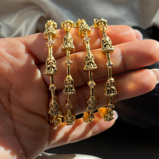 Traditional gold tone bangles with carved detailing imitation jewelry for weddings.Glossy gold look bangles in classic design  party wear imitation bangles for women