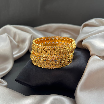 Traditional gold tone bangles with carved detailing imitation jewelry for weddings.Glossy gold look bangles in classic design  party wear imitation bangles for women