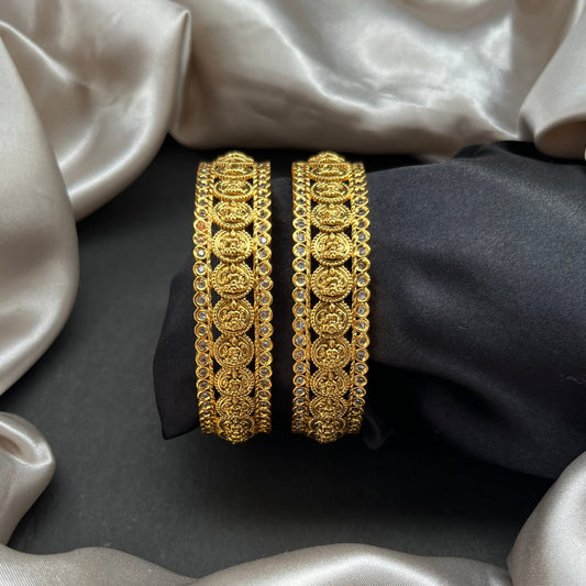 Traditional gold tone bangles with carved detailing imitation jewelry for weddings.Glossy gold look bangles in classic design  party wear imitation bangles for women