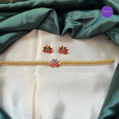 Budget Enamel Lotus Necklace Set - Gold with Pink