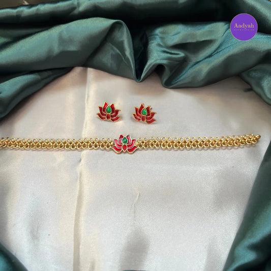 Budget Enamel Lotus Necklace Set - Gold with Pink