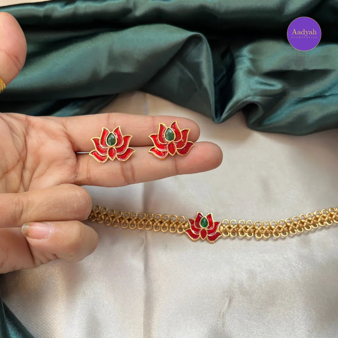 Budget Enamel Lotus Necklace Set - Gold with Pink
