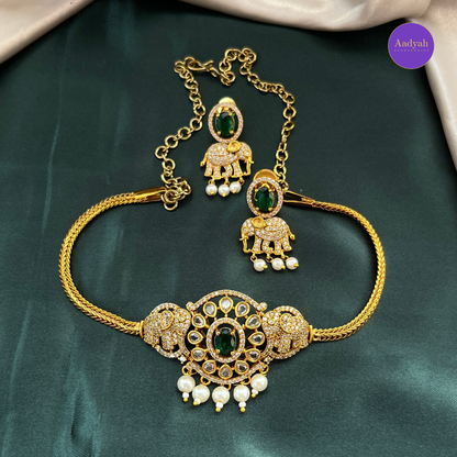 CZ Elephant Choker Set- Green