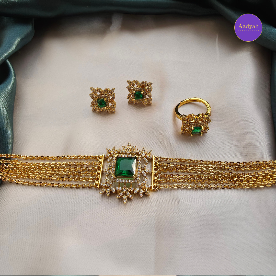 Chandraharam Choker Combo Necklace Set - Green