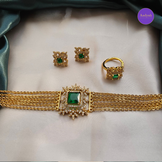 Chandraharam Choker Combo Necklace Set - Green
