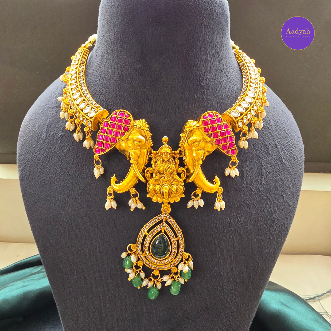 Designer Elephant Temple Hasli/Kante Set - Multi