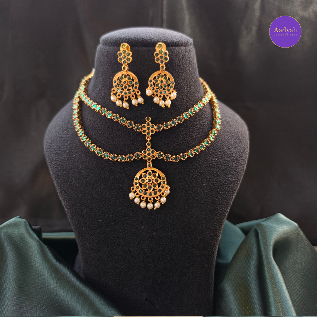 Dual Layer Designer Kemp Necklace Set - Green