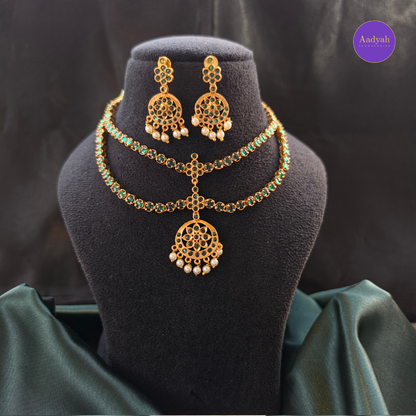 Dual Layer Designer Kemp Necklace Set - Green