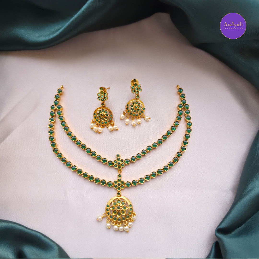Dual Layer Designer Kemp Necklace Set - Green