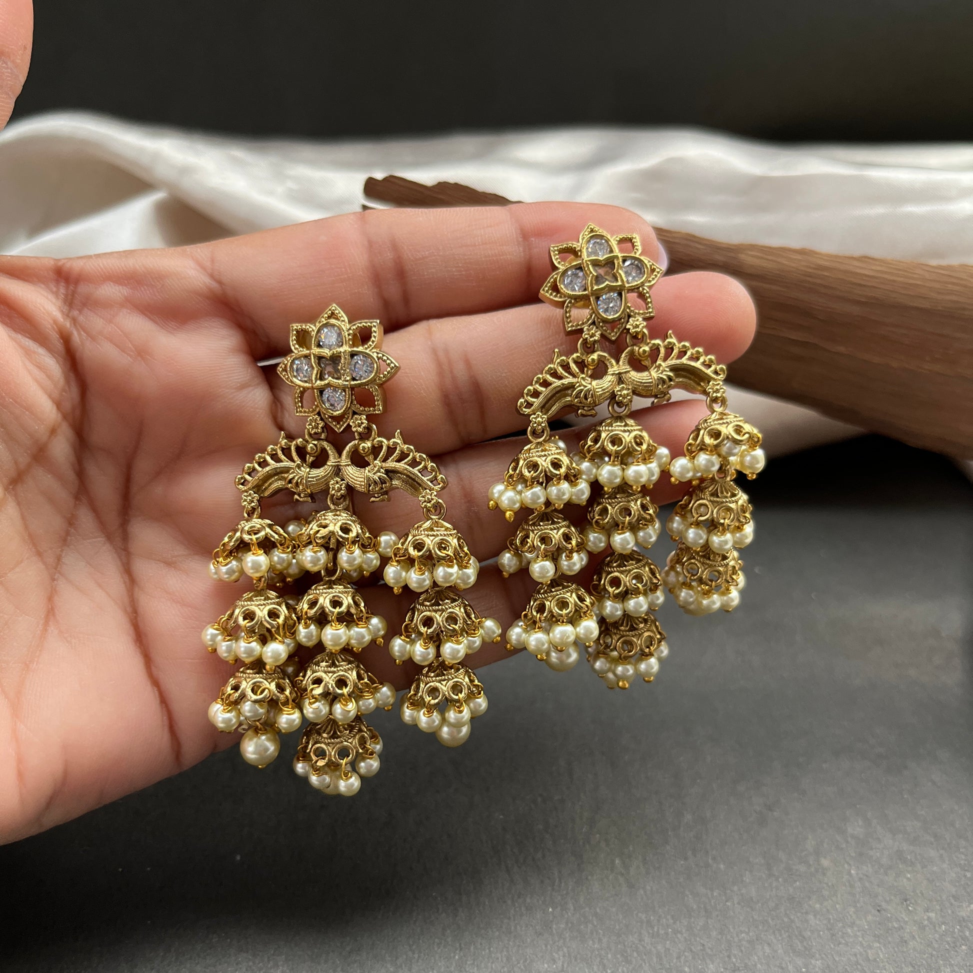 Traditional gold look South Indian stud earrings imitation jewelry with temple design motifs,Gold finish South Indian kemp earrings classic design with colorful stones for traditional outfits,South Indian gold tone jhumka earrings intricate detailing, perfect for festive and bridal wear