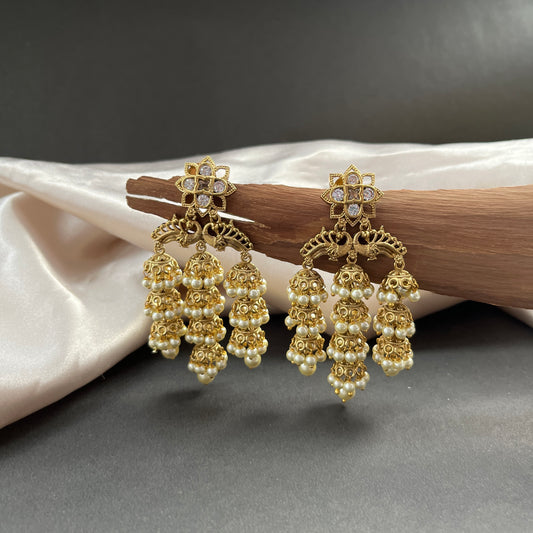 Traditional gold look South Indian stud earrings imitation jewelry with temple design motifs,Gold finish South Indian kemp earrings classic design with colorful stones for traditional outfits,South Indian gold tone jhumka earrings intricate detailing, perfect for festive and bridal wear