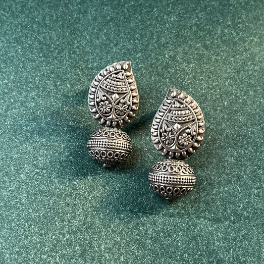 German silver look jhumka earrings oxidised finish with intricate temple design, perfect for festive wear,Vintage German silver look hoop earrings  boho inspired design for casual and traditional wear