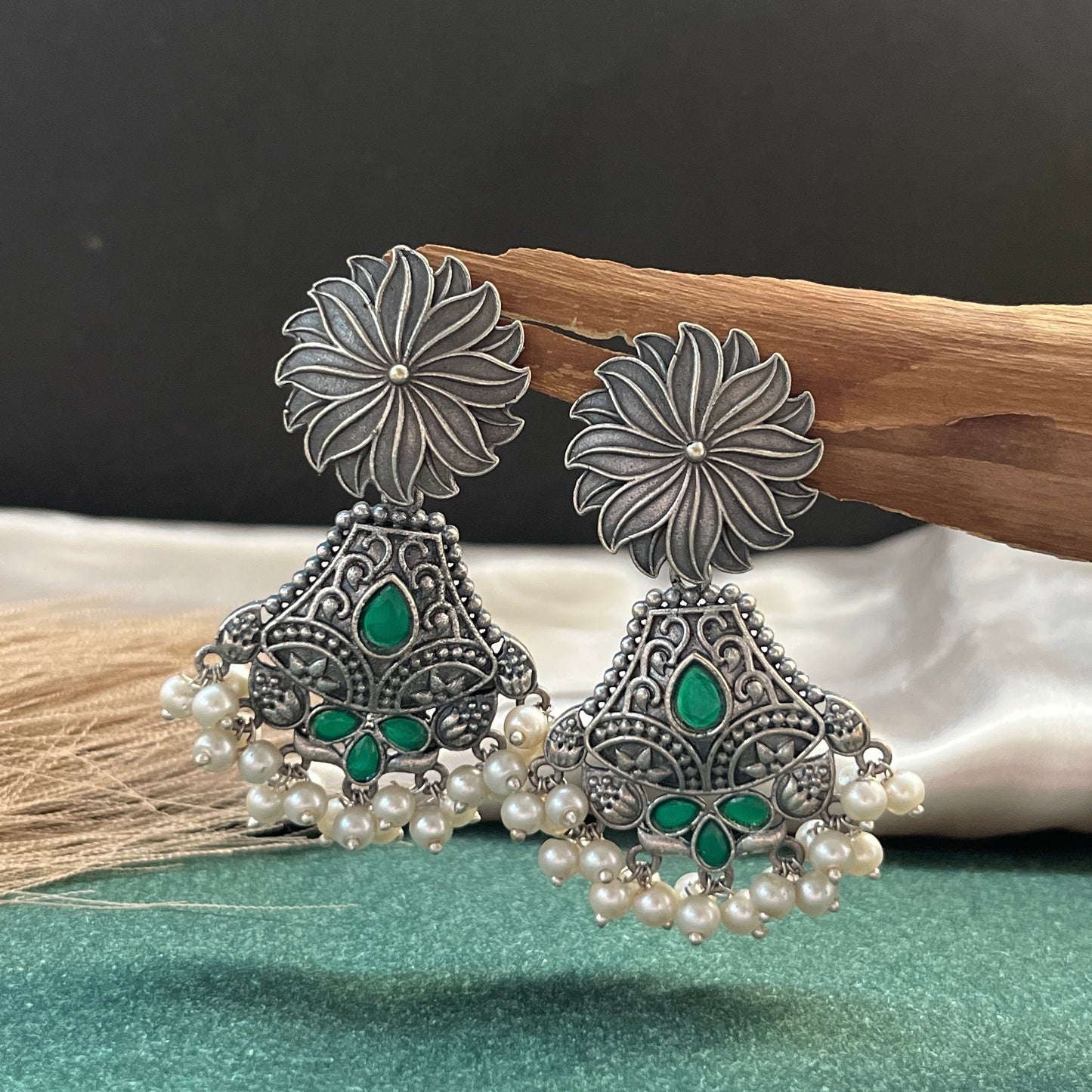 German silver look jhumka earrings oxidised finish with intricate temple design, perfect for festive wear,Vintage German silver look hoop earrings  boho inspired design for casual and traditional wear