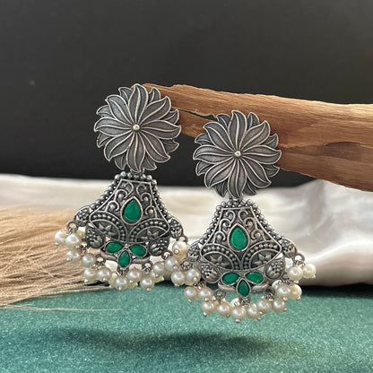 German silver look jhumka earrings oxidised finish with intricate temple design, perfect for festive wear,Vintage German silver look hoop earrings  boho inspired design for casual and traditional wear
