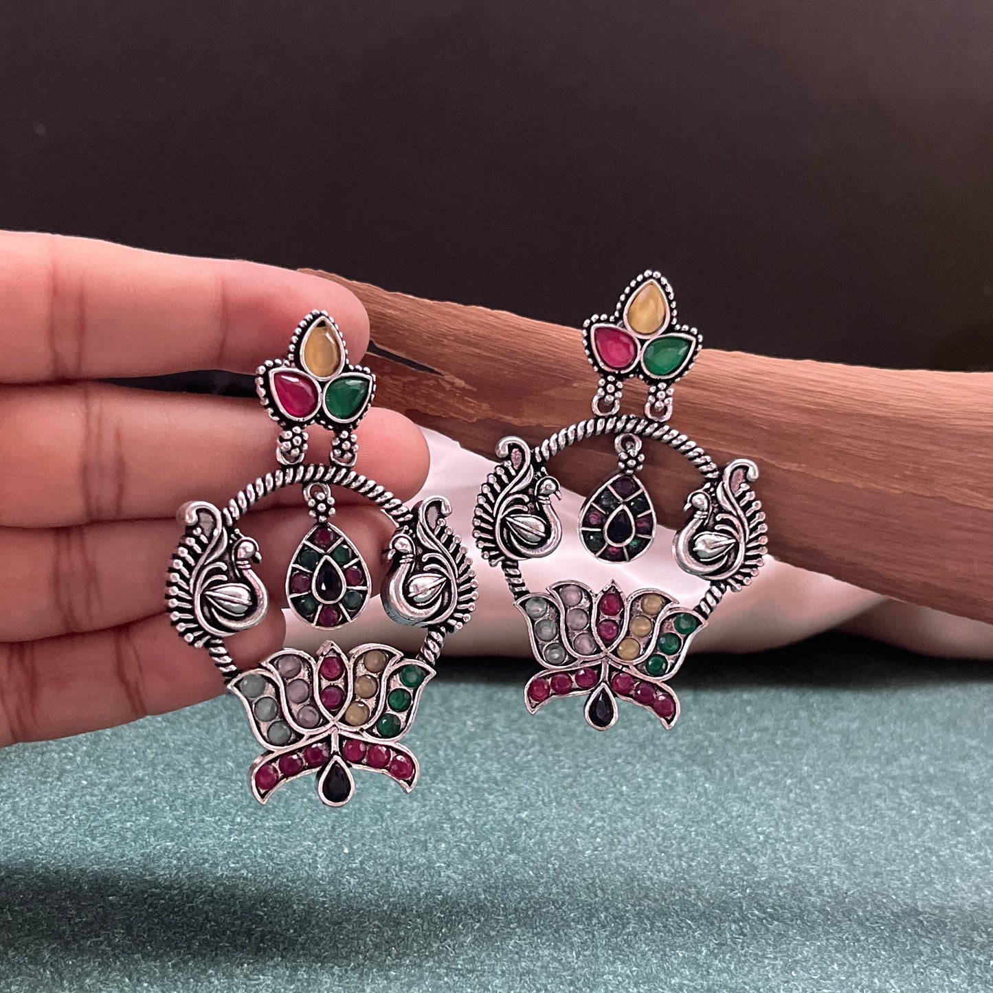 German silver look jhumka earrings oxidised finish with intricate temple design, perfect for festive wear,Vintage German silver look hoop earrings  boho inspired design for casual and traditional wear