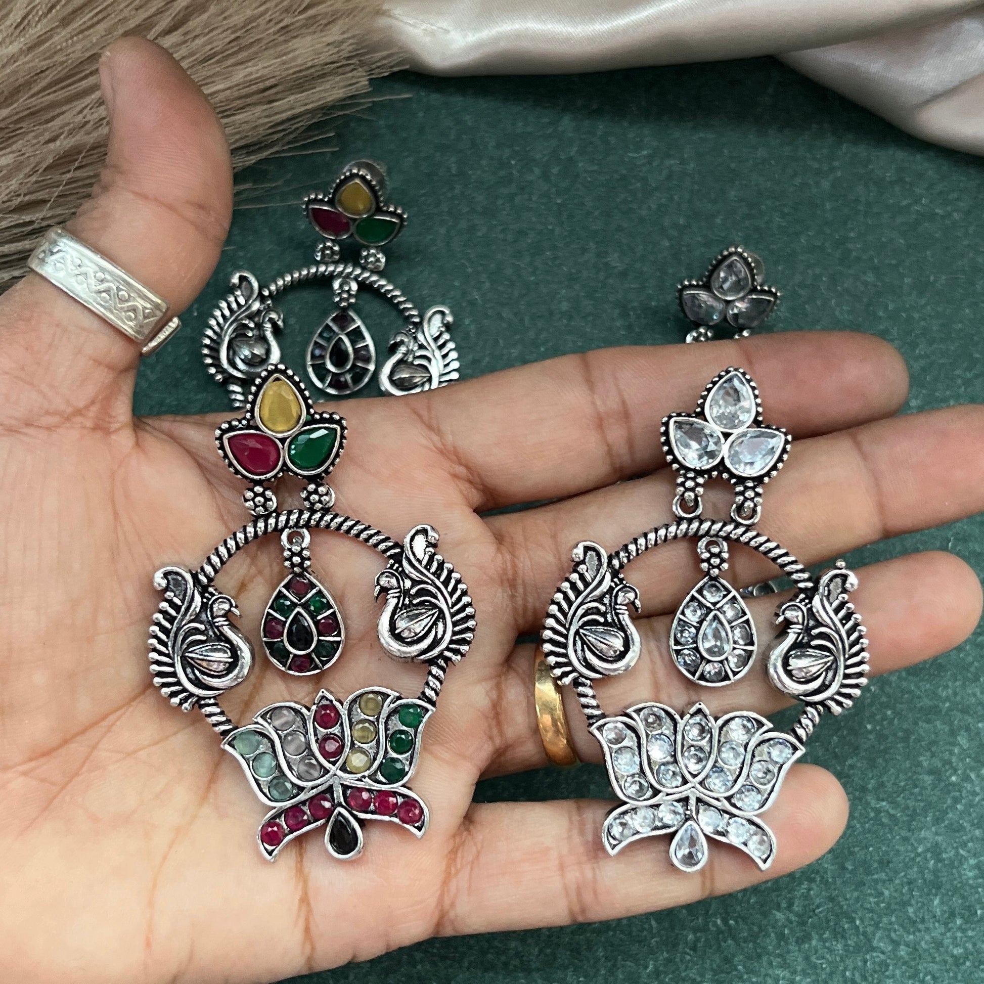 German silver look jhumka earrings oxidised finish with intricate temple design, perfect for festive wear,Vintage German silver look hoop earrings  boho inspired design for casual and traditional wear